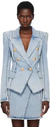 Balmain Tailored Jacket With Peak Lapels And Frayed Edges In 6fc Bleu Jean Clair