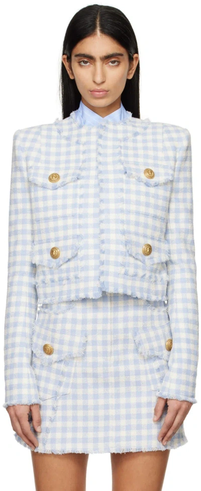 Balmain Blue & White Check Jacket In Slj Bleu Palé/blanc