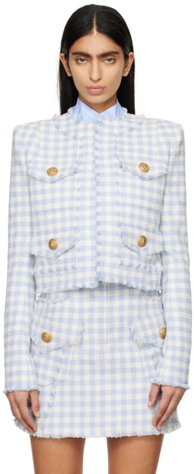 Balmain Blue Plaid Cropped Tweed Jacket