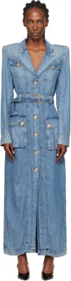 Balmain Blue Belted Long Denim Coat In Blue