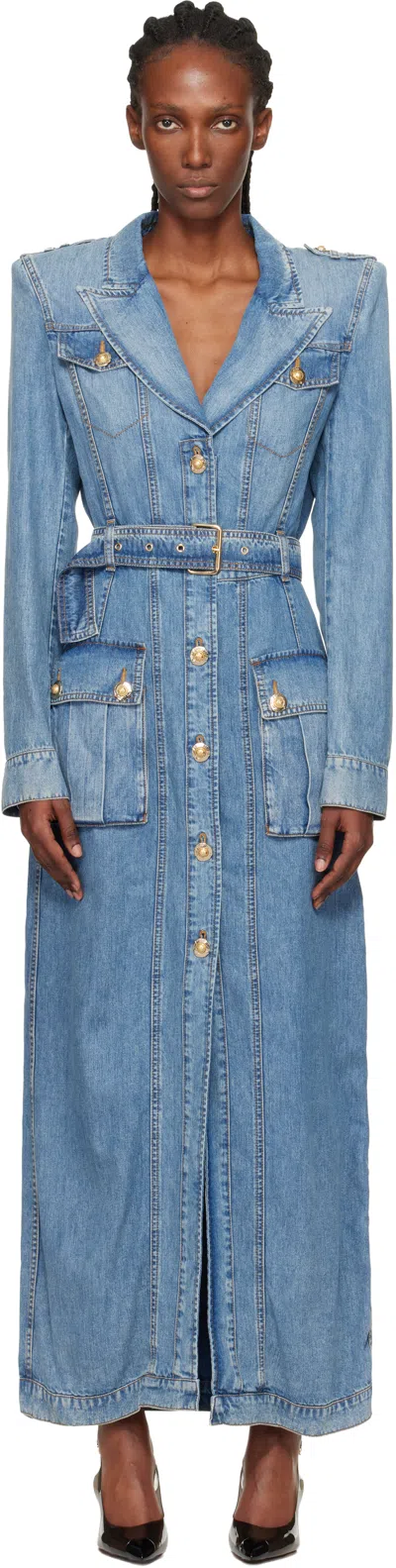 Balmain Blue Belted Long Denim Coat