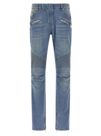 Balmain Distressed Slim Biker Jeans In Blue