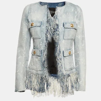 Pre-owned Balmain Blue Bleached Denim Fringe-trimmed Jacket S