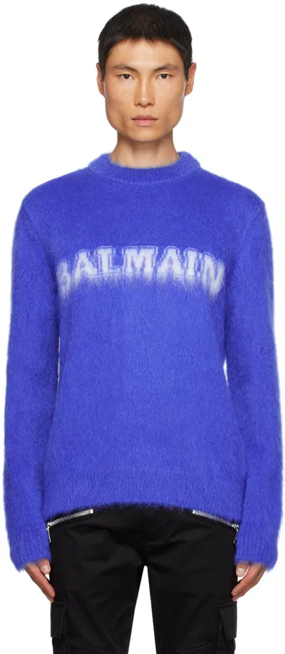 Balmain Electric Blue Wool Blend Sweater In Animal Print