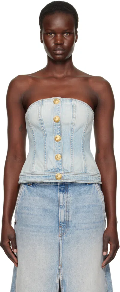 BALMAIN BLUE BUTTONED DENIM CORSET TOP