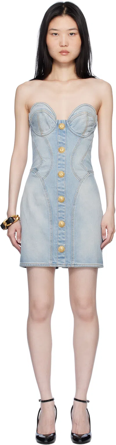 Balmain Strapless Mini Denim Dress In Bleujeanclair