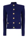 BALMAIN BLUE CARDIGAN WITH HIGH NECK AND JEWEL BUTTONS IN VISCOSE BLEND WOMAN