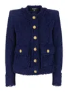Balmain Blue Collarless Jacket With Gold Buttons In Tweed Woman In Blue