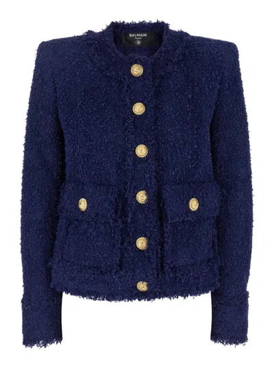 Balmain Blue Collarless Jacket With Gold Buttons In Multicolor
