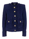 Balmain Blue Collarless Jacket With Gold Buttons In Tweed Woman
