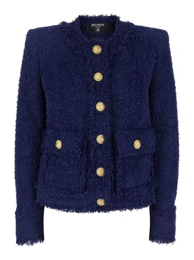 Balmain Blue Collarless Jacket With Gold Buttons In Multicolor
