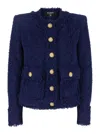 Balmain Blue Collarless Jacket With Gold Buttons In Tweed Woman