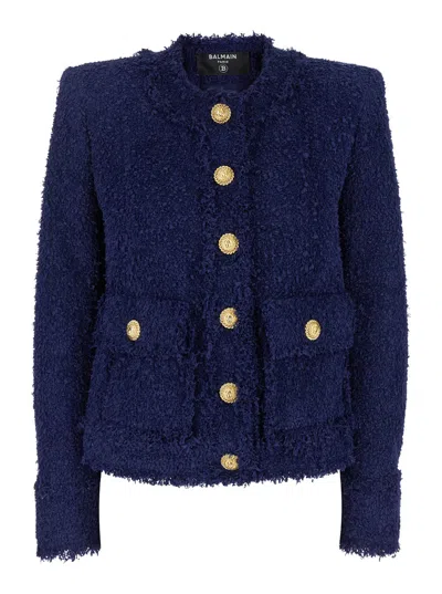 BALMAIN BALMAIN BLUE COLLARLESS JACKET WITH GOLD BUTTONS IN TWEED WOMAN