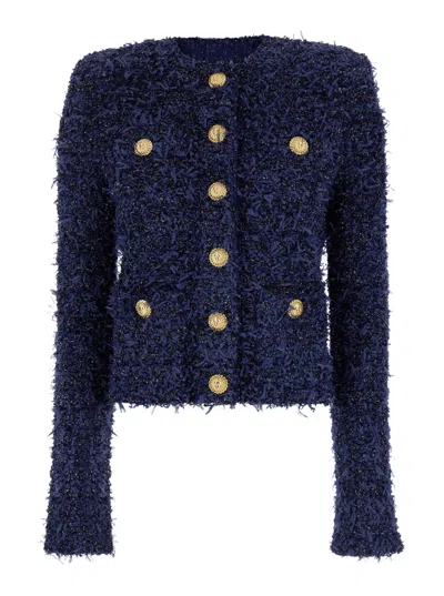 Balmain Blue Collarless Jacket With Gold Buttons