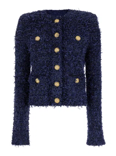 Balmain Blue Collarless Jacket With Gold Buttons