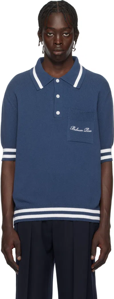 Balmain Blue Cotton-linen Polo In Siv Marine/blanc