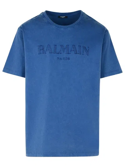 BALMAIN BALMAIN BLUE COTTON T-SHIRT MEN