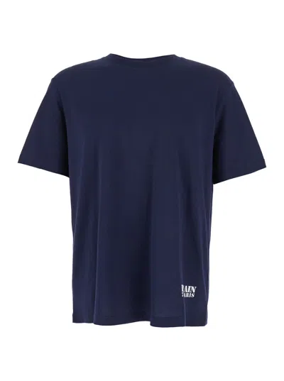 Balmain Blue Crewneck T-shirt With Logo Lettering Print On The Front