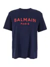 Balmain Blue Crewneck T-shirt With Logo Lettering Print On The Front