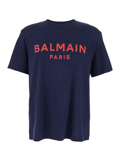 Balmain Blue Crewneck T-shirt With Logo Lettering Print On The Front In Cotton Man