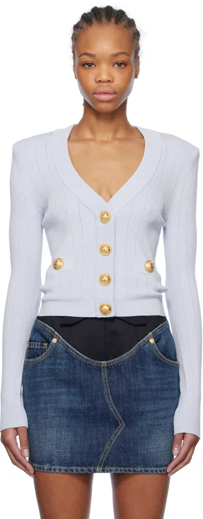 BALMAIN BLUE CROPPED KNIT CARDIGAN