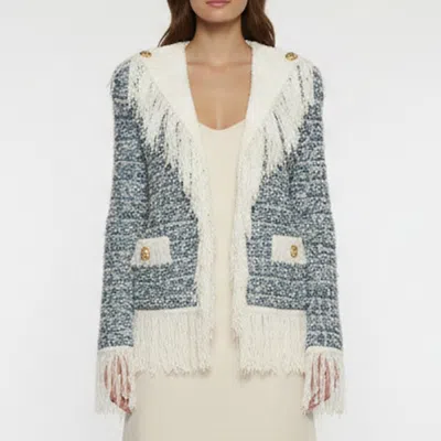Pre-owned Balmain Blue Crystal Embellished Tweed Knit Fringed Jacket S