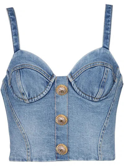 BALMAIN DENIM BUSTIER TOP - WOMEN'S - ELASTANE/COTTON