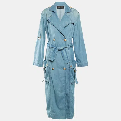 Pre-owned Balmain Blue Denim Double Breasted Belted Long Coat S