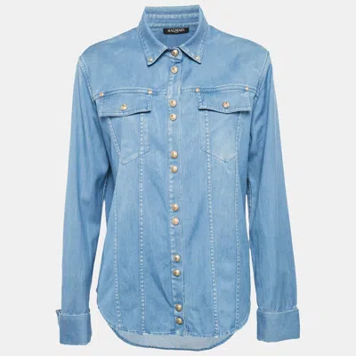 Pre-owned Balmain Blue Denim Gold Button Detail Long Sleeve Shirt L
