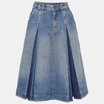 Pre-owned Balmain Blue Denim Pleated Midi Skirt S
