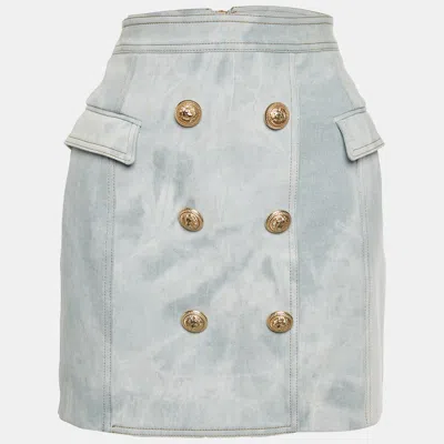 Pre-owned Balmain Blue Denim Zip Up Mini Skirt M