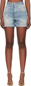 Balmain Rolled Hem Denim Shorts With Diamond Stitched Pattern In Blue