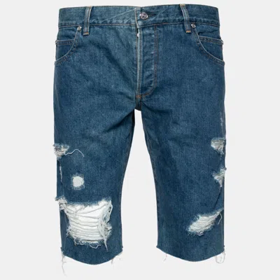Pre-owned Balmain Blue Distressed Denim Frayed Edge Detail Shorts M