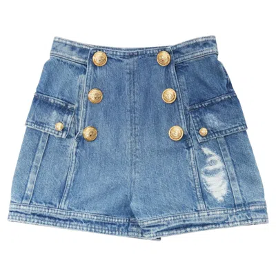 Pre-owned Balmain Blue Distressed Denim Gold Buttons High Waisted Cargo Shorts Fr34 Xs