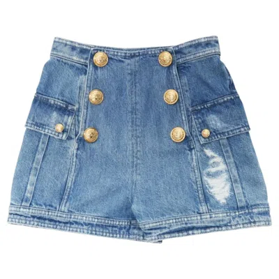 Pre-owned Balmain Blue Distressed Denim Gold Buttons High Waisted Cargo Shorts Fr34 Xs