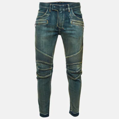 Pre-owned Balmain Blue Distressed Denim Ribbed Biker Jeans M/waist 34"