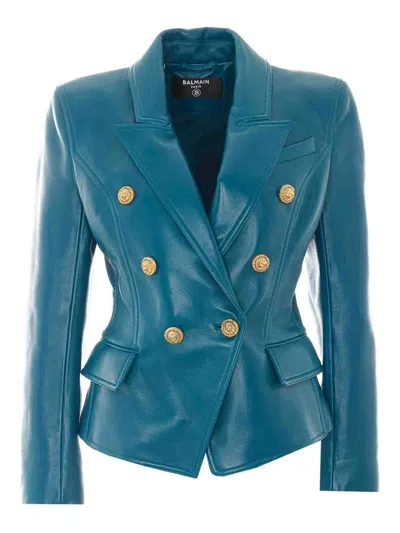 Balmain Testa Di Leone Double Breasted Blazer Jacket In Blue