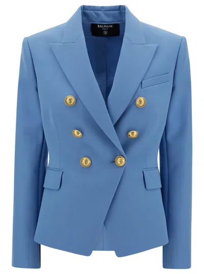Balmain Blue Double-breasted Jacket With Jewel Buttons In Wool Woman