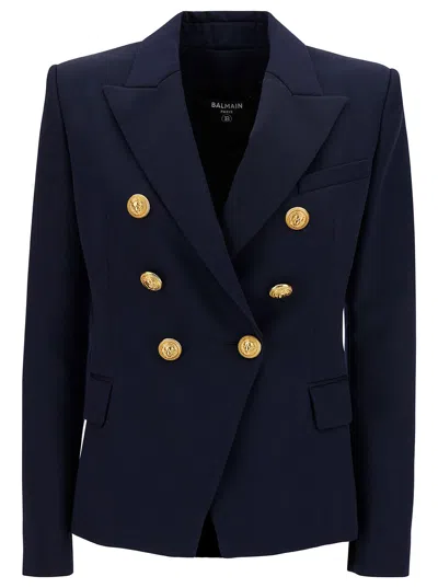BALMAIN BLUE DOUBLE-BREASTED JACKET WITH JEWEL BUTTONS IN WOOL WOMAN