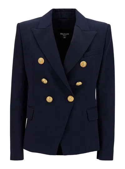 Balmain Blue Double-breasted Jacket With Jewel Buttons In Wool Woman