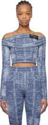 Balmain Denim Print Off-shoulder Cropped Top In 6ff Bleu Jean