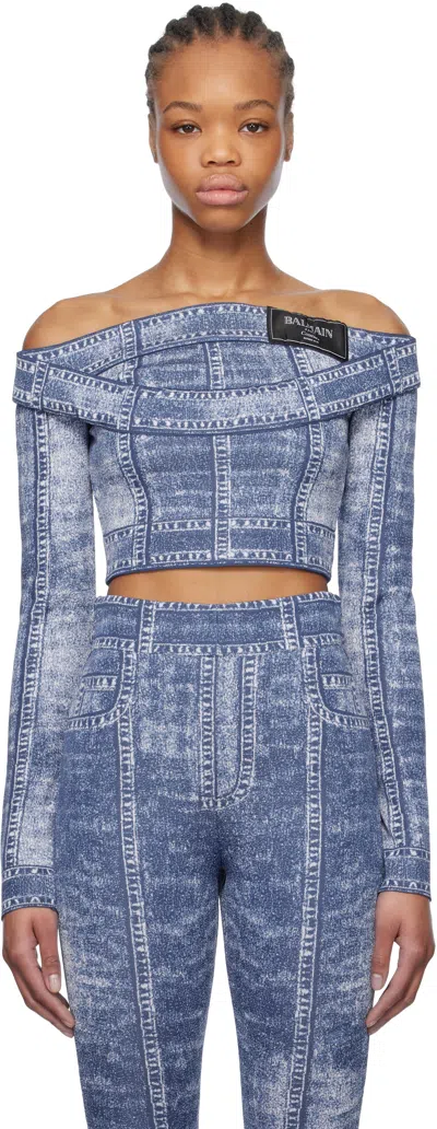 BALMAIN BLUE DOUBLE COLLAR DENIM TROMPE L'OEIL TOP