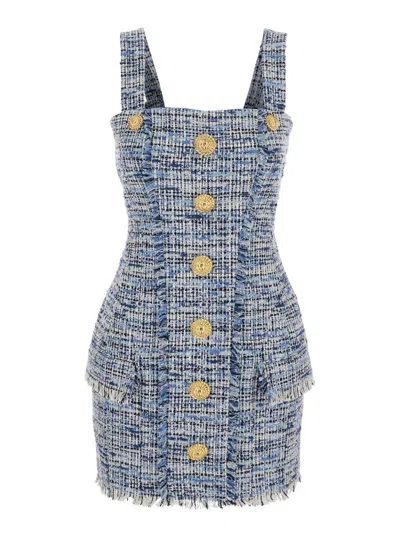 Balmain Button-embellished Frayed Cotton-blend Tweed Mini Dress In Blue