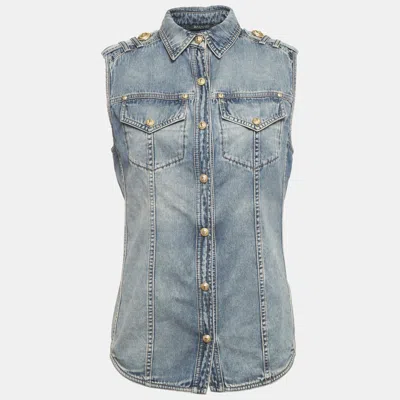 Pre-owned Balmain Blue Faded Denim Sleeveless Shirt M