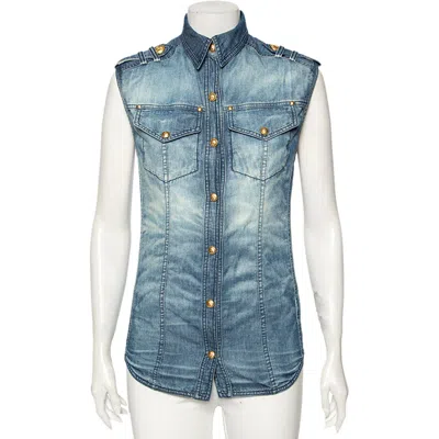 Balmain Blue Faded Effect Denim Pocket Detailed Button Front Sleeveless Shirt S