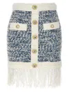 Balmain Frayed Button-embellished Tweed Mini Skirt In Blue