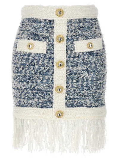 BALMAIN BLUE FRINGED TWEED SKIRT