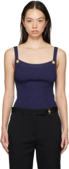 Balmain Blue Gingham Openwork Knit Tank Top In 6bo Bleu Nuit