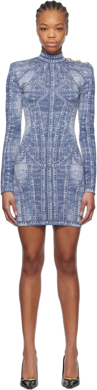 Balmain Blue Jacquard Denim Effect Minidress