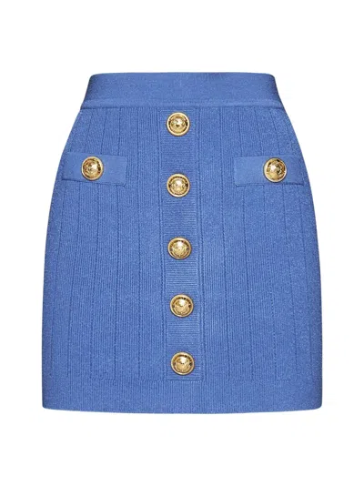 Balmain Blue Knit Short Skirt With Gold Buttons